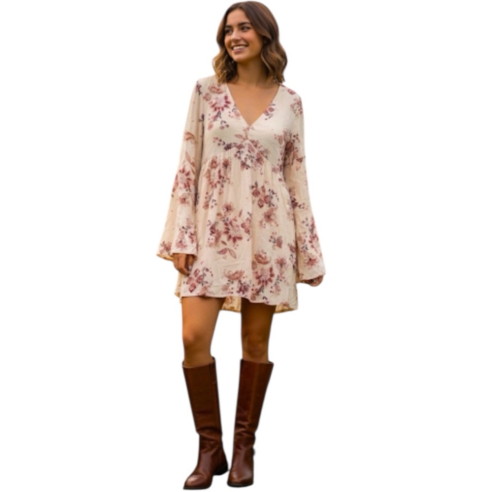Altar’d State Cream Red Print Boho Bell Sleeve Mini Dress Size Medium